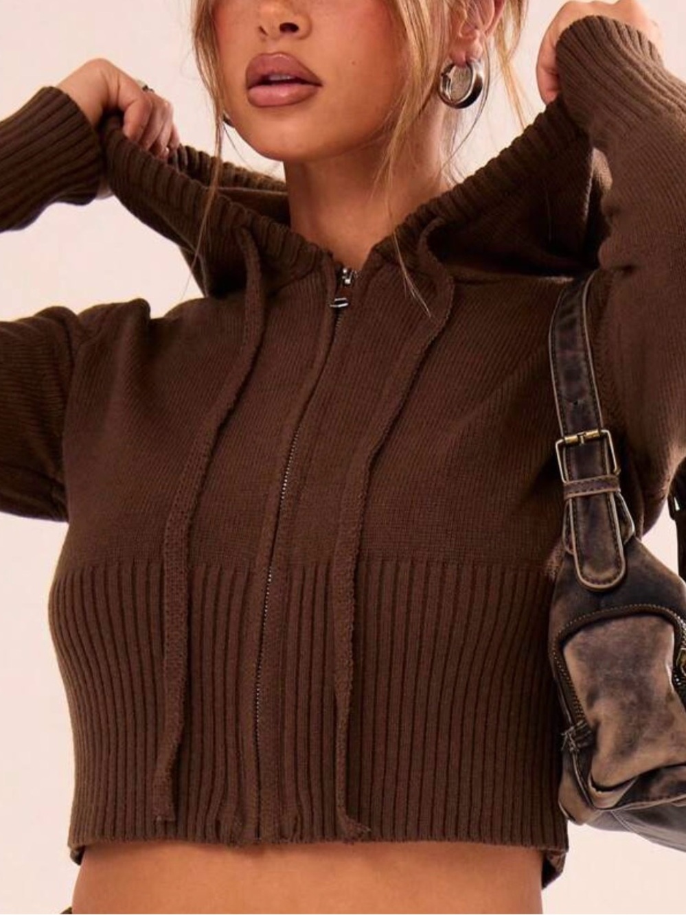 Musera Brown Cropped Zip-Up Hooded Knit Sweater Size XS
